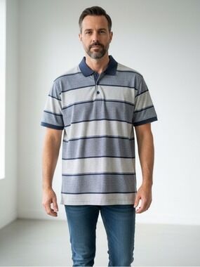 Red Rhino Men’s Large Striped Polo Shirt Blue Gray Textured Cotton Blend Casual